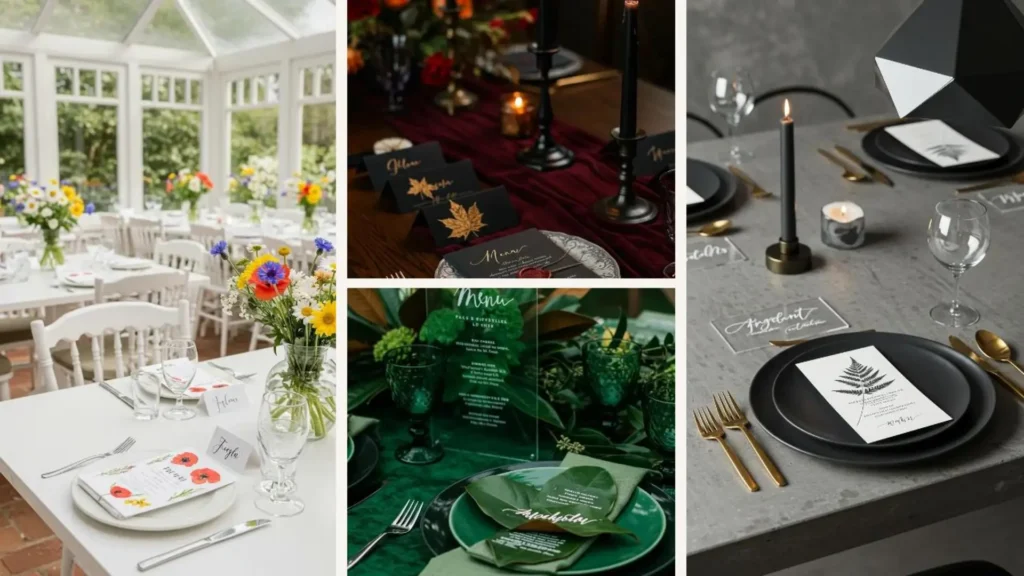 Wunderschöne, handgefertigte Menü- und Platzkarten-Designs mit botanischem Print auf festlichen Tischen in verschiedenen Stilen.