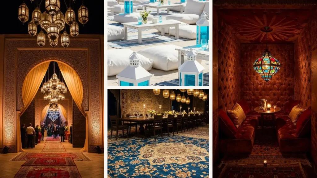 Marokkanische Mottoparty-Looks mit orientalischen Lampen und Teppichen: festlicher Eingang, Outdoor-Lounge und gemütliche Sitzecke.