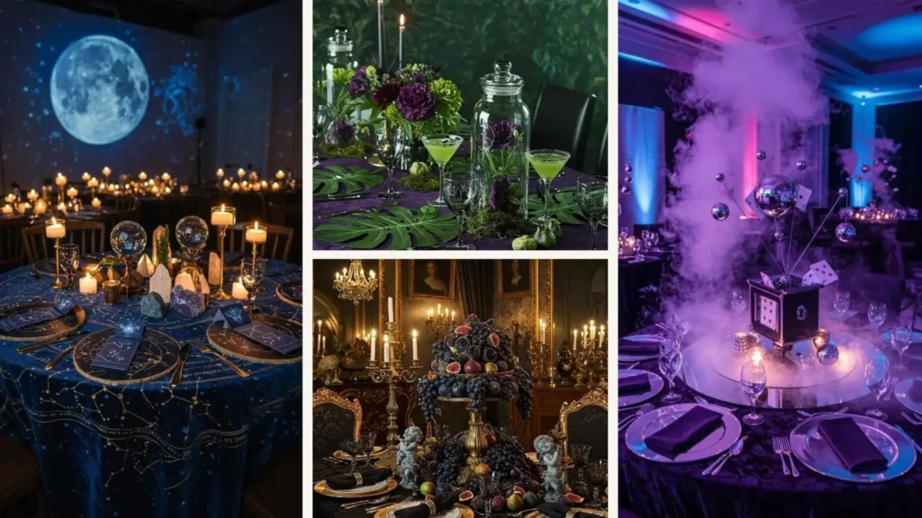 Eine Collage von schicken und gruseligen Halloween-Tischdekorationen mit Kerzen, Kristallen und dunklen Farben, ideal für Erwachsene.