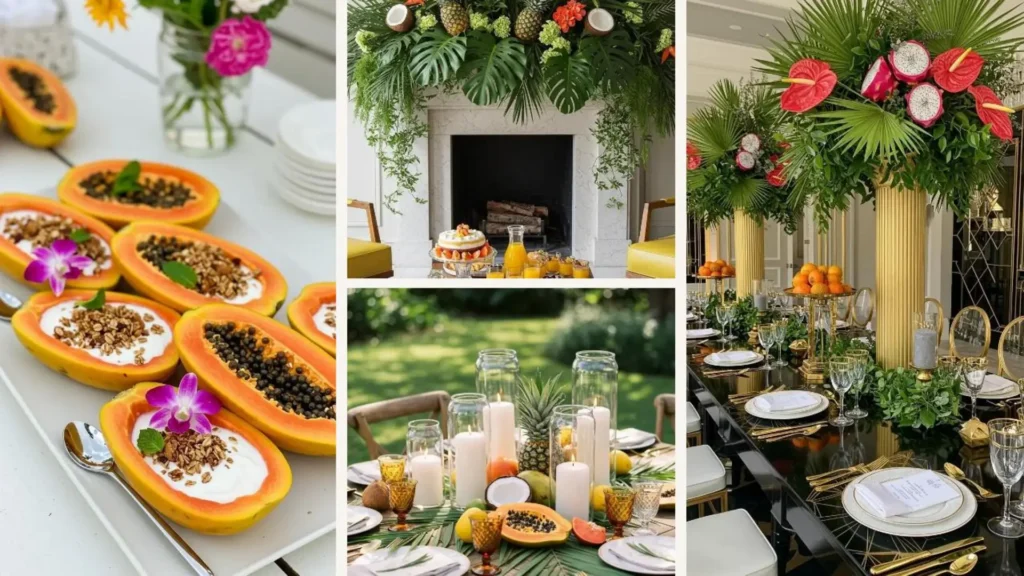 Inspirierende tropische Blatt- und Fruchtarrangements für Sommerbrunches, mit Papaya-Joghurtschalen und eleganten Tischdekorationen.