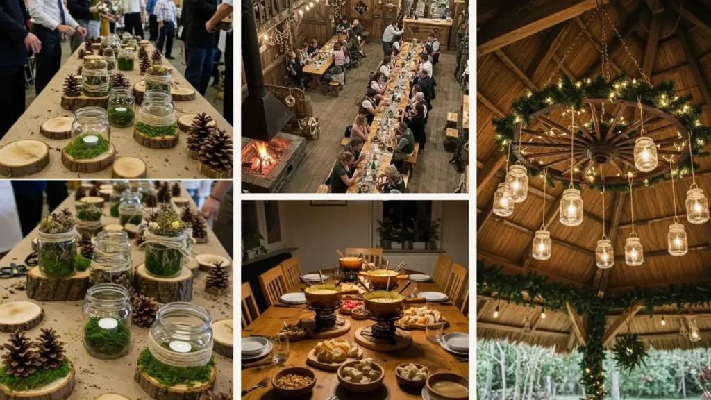 Rustikale Tische mit Holzscheiben, Tannenzapfen und gemütlichen Lichtern in Gläsern für ein festliches Ambiente beim Alpenhüttenfest.