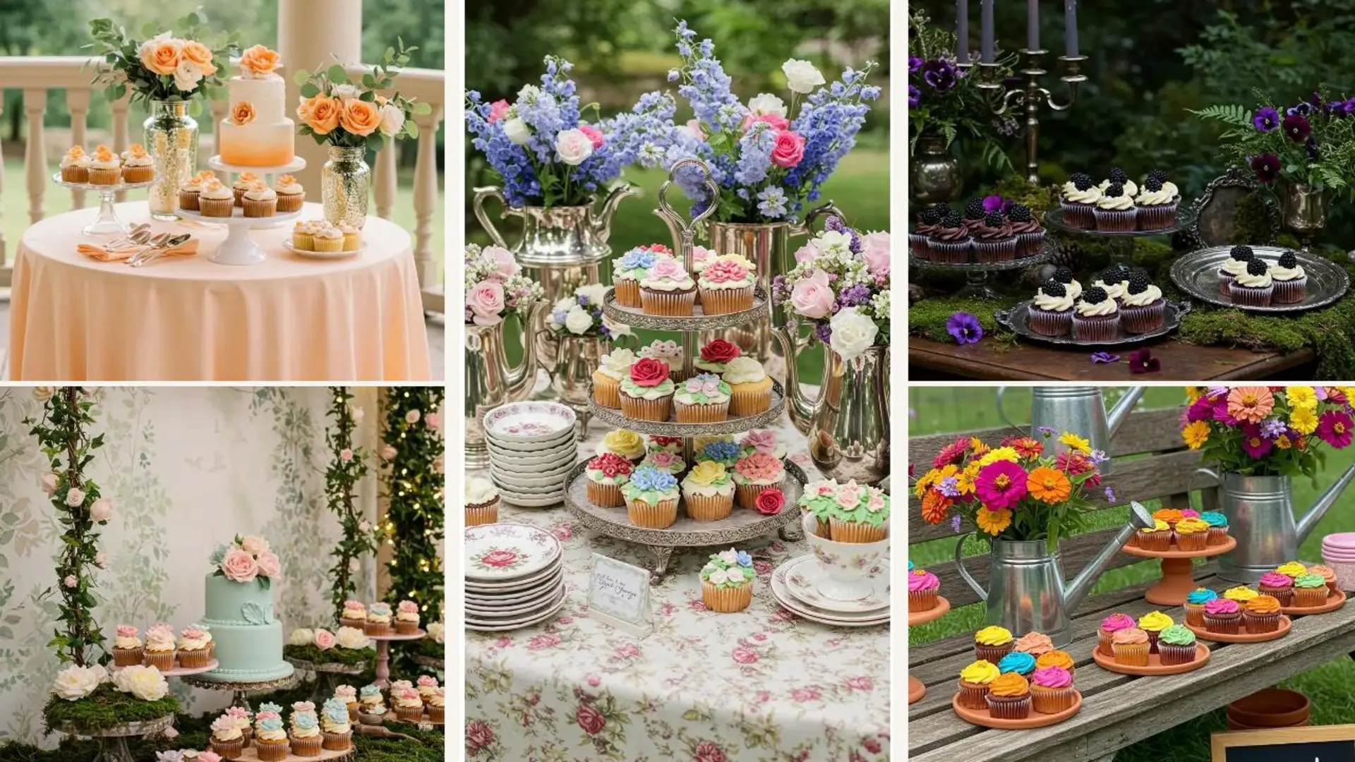 Ein wunderschön dekorierter Tisch mit floralen Cupcakes und frischen Blumen, perfekt für eine elegante Garten-Babyshower.