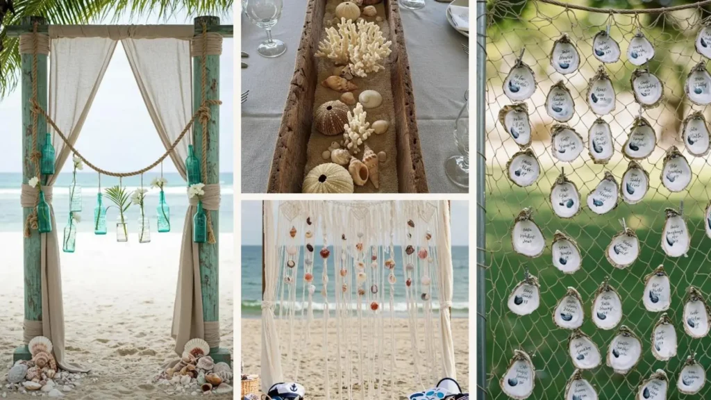 Karibische Strandhochzeit Dekoideen mit Muscheln, Leinen und maritimen Akzenten; Hochzeitsbogen, Tischdeko und Sitzplan.