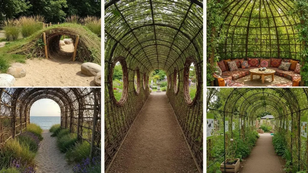 Lebende Weidentunnel und spielerische Durchgänge zeigen inspirierende Möglichkeiten für DIY-Gartenprojekte.