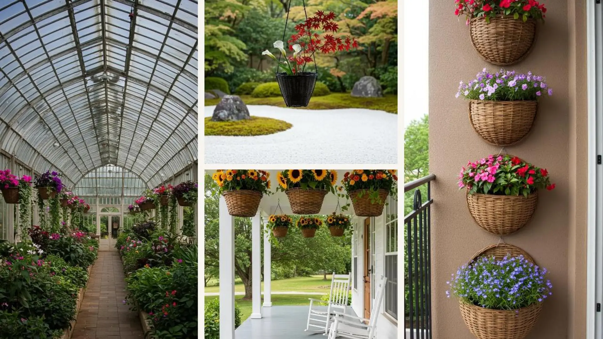 Vielfältige hängende Weidenkörbe mit bunten Blüten in verschiedenen Umgebungen, die wie schwimmende Blumeninseln wirken.