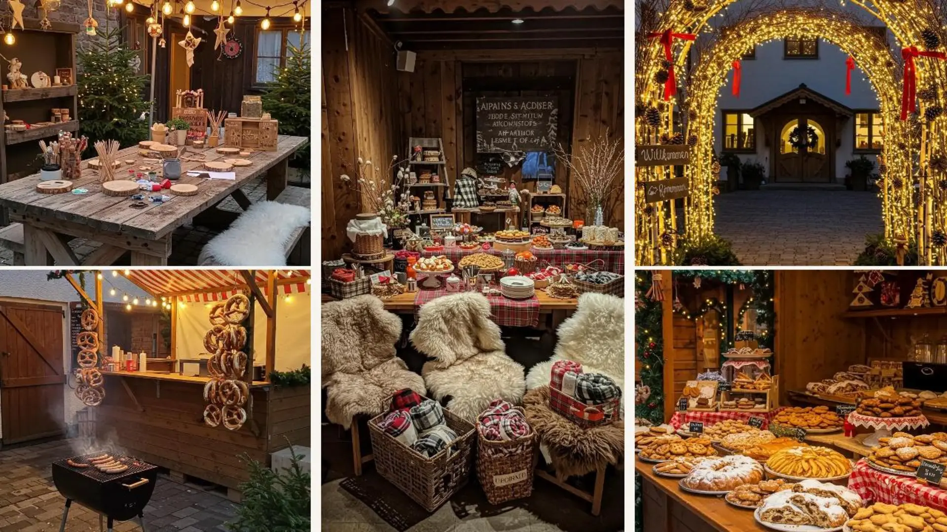 Festlich dekorierter alpiner Weihnachtsmarkt im Hof für private Feiern, mit Lichtern, Ständen und gemütlicher Atmosphäre.