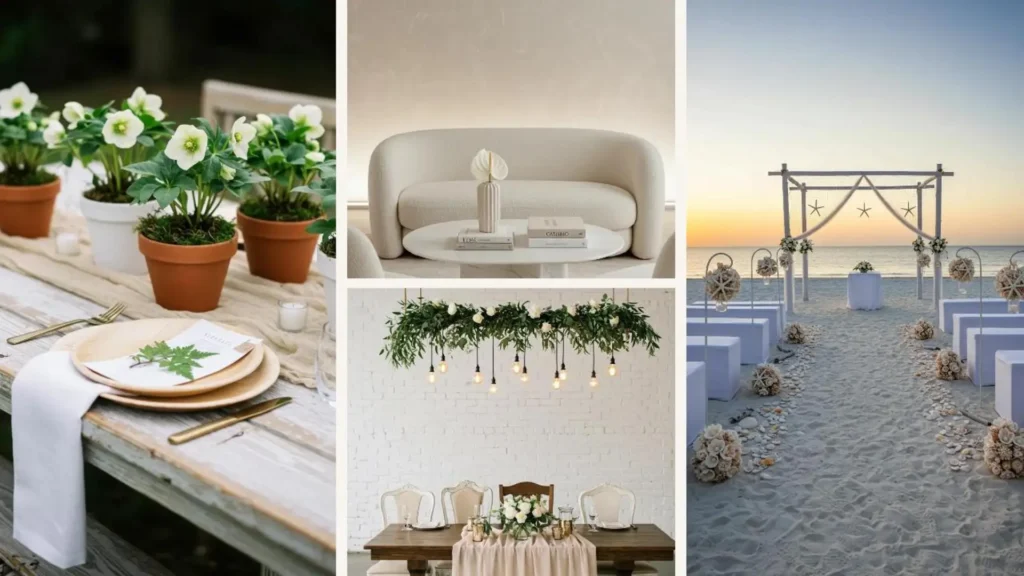 Elegante weiße Hochzeitsdeko-Ideen mit Strukturspiel, darunter eine Strandhochzeit und stilvolle Interieurs.