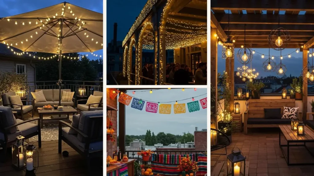 Eine Collage aus stimmungsvollen Terrassen, die mit warmen Lichterketten für gemütliche Herbstpartys beleuchtet sind.