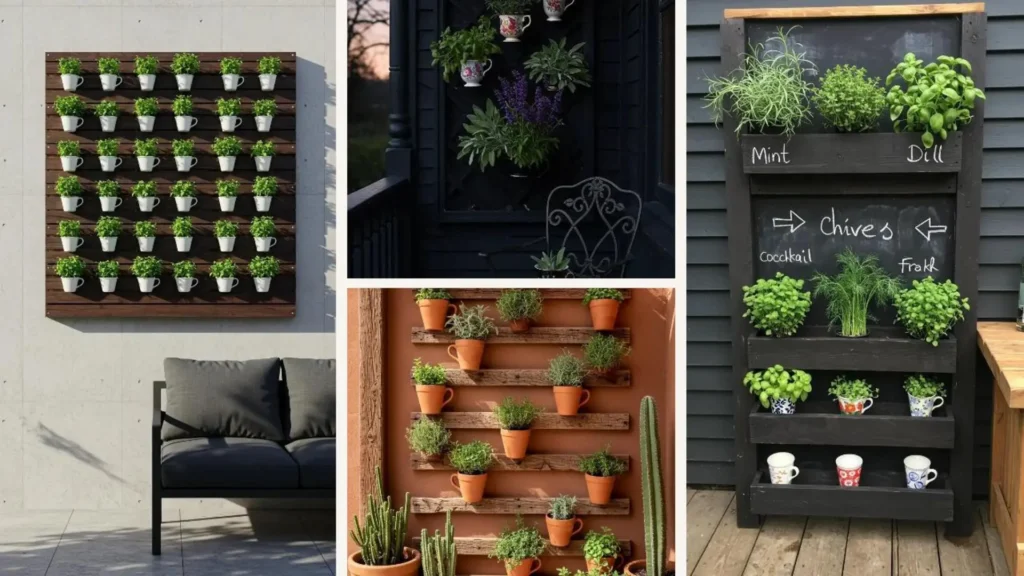 DIY-Vertikalgarten mit 30 Kräutern in Teetassen an Holzlatten, ideal für kreative Gartendeko und Heimwerken.