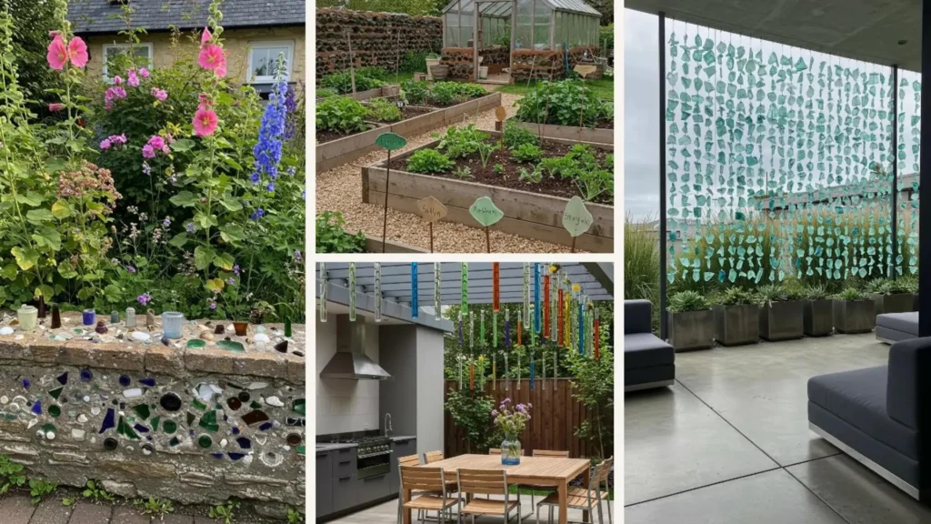 Farbige Glasstücke und üppige Pflanzen bilden inspirierende Kaleidoskop-Installationen für Gartendekoration und Heimwerken.