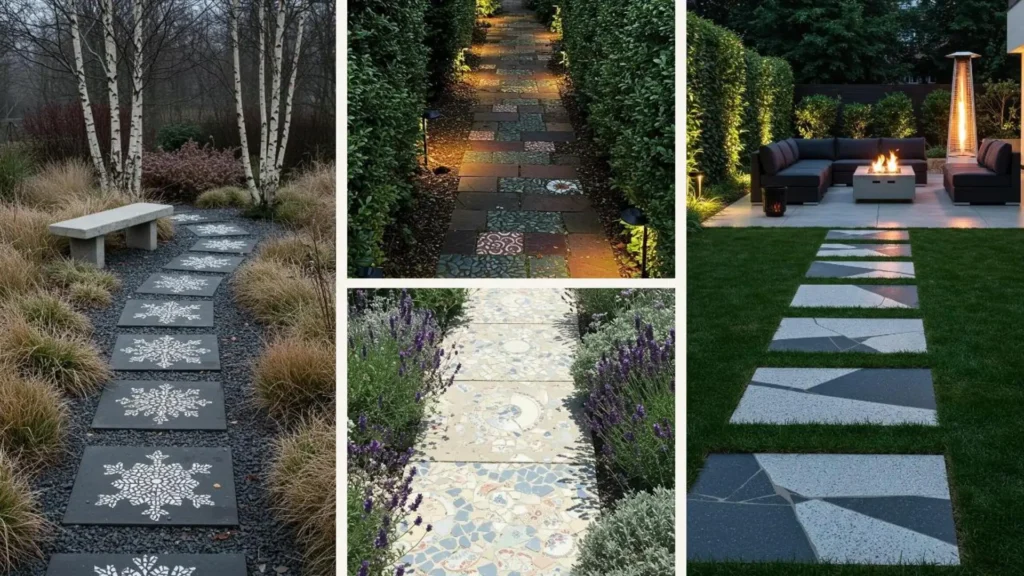 Einzigartige Mosaik-Trittstein-Galerie für den Garten, gefertigt aus zerbrochenen Keramikfliesen als DIY-Inspiration.