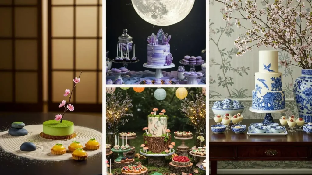 Diverse opulente Dessert-Tableaus: Eleganter Kuchen, Törtchen, Macarons und festliche Verzierungen für jede Feier.