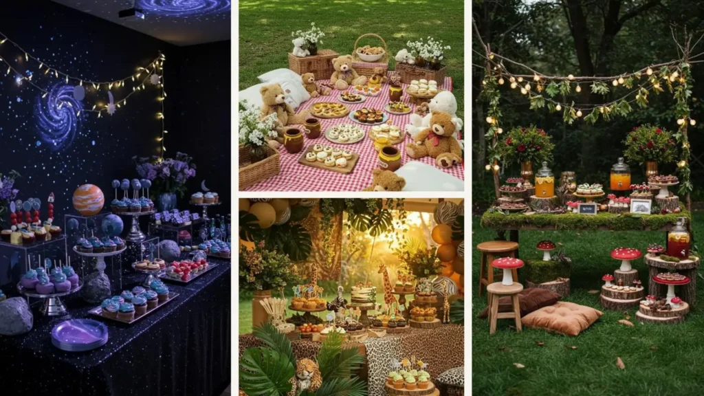 Drei bunte Kinderbuffet-Stationen: Weltraum-, Picknick- und Waldthemen mit vielfältigen Food-Props und süßen Leckereien.