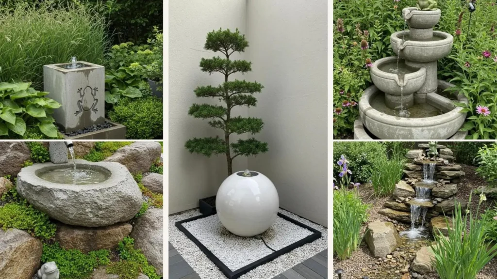 Kreative DIY Frosch-Quellsteine aus Beton, darunter ein Brunnen mit Froschmotiv, für natürliche Gartenecken.