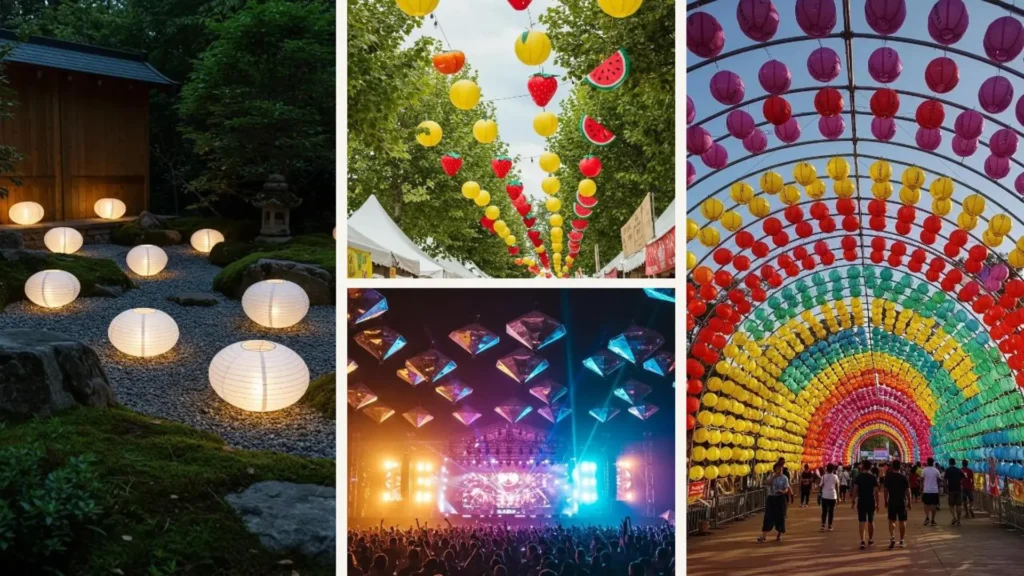 Bunte Papierlampions in verschiedenen modernen Designs, darunter ein Regenbogen-Tunnel und fruchtförmige Laternen auf einem Festival.