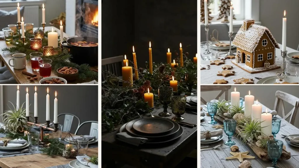 Skandinavisch inspirierte Advents-Tischdeko mit vielen Kerzen, natürlichem Grün und festlichen Akzenten für eine warme Atmosphäre.