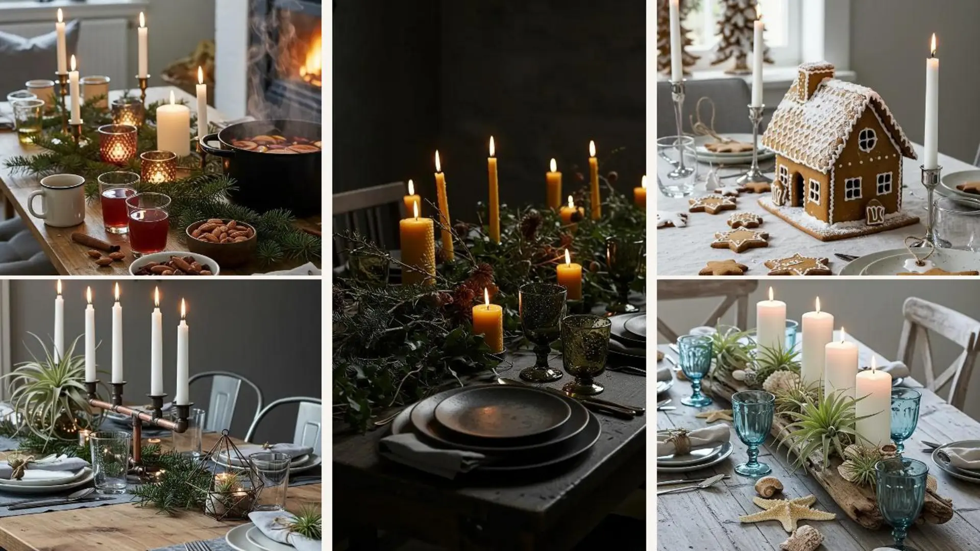 Skandinavisch inspirierte Advents-Tischdeko mit vielen Kerzen, natürlichem Grün und festlichen Akzenten für eine warme Atmosphäre.