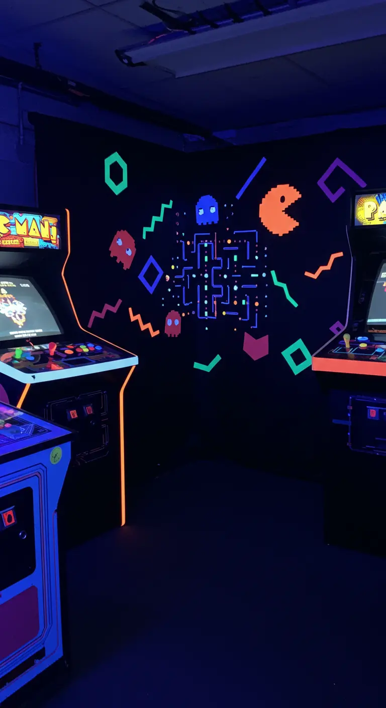Ein dunkler Raum mit Arcade-Automaten und leuchtenden Pac-Man-Figuren an der Wand.