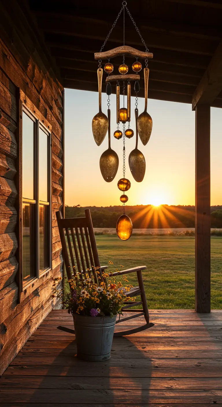 Windspiel aus goldenen Löffeln und Bernsteinglas auf einer rustikalen Veranda bei Sonnenuntergang.