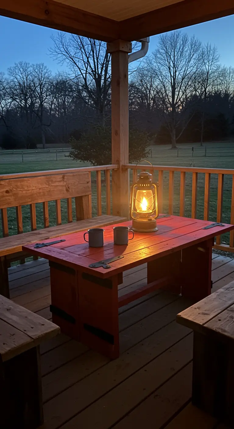 Rot gestrichener Tisch aus einer Tür auf einer Holzveranda in der Abenddämmerung.