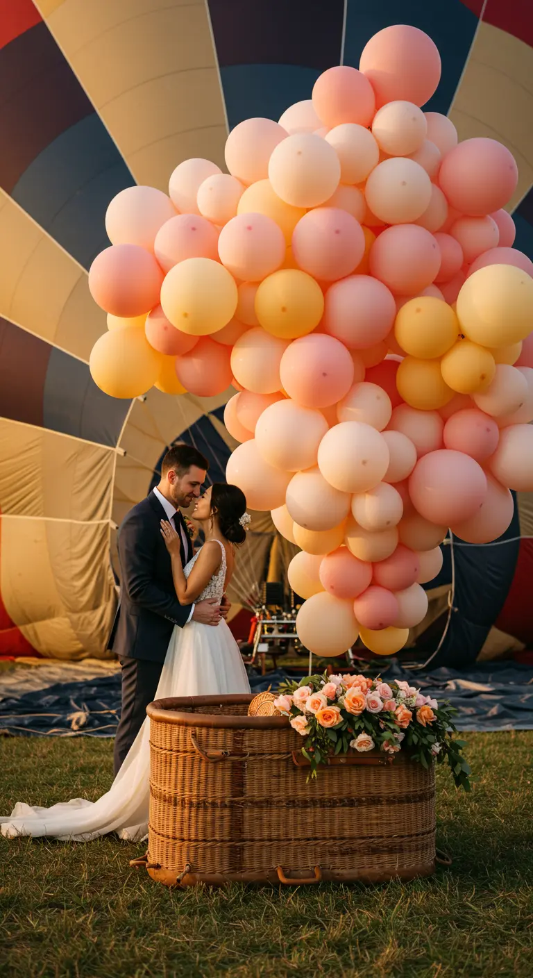 Paar vor einem Heißluftballonkorb, aus dem pastellfarbene Ballons quellen
