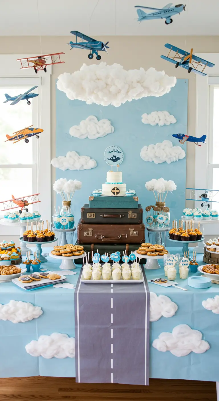 Flugzeug-Party-Buffet mit Wolken-Hintergrund, gestapelten Koffern und Modellflugzeugen