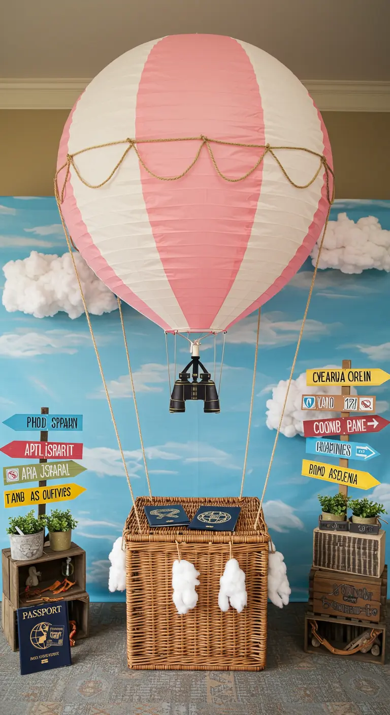DIY-Photobooth in Form eines Heißluftballons mit Weidenkorb und Wolkenhintergrund