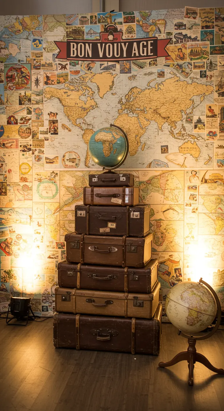 Ein Turm aus Vintage-Koffern vor einer Wand mit Weltkarten und Postkarten.