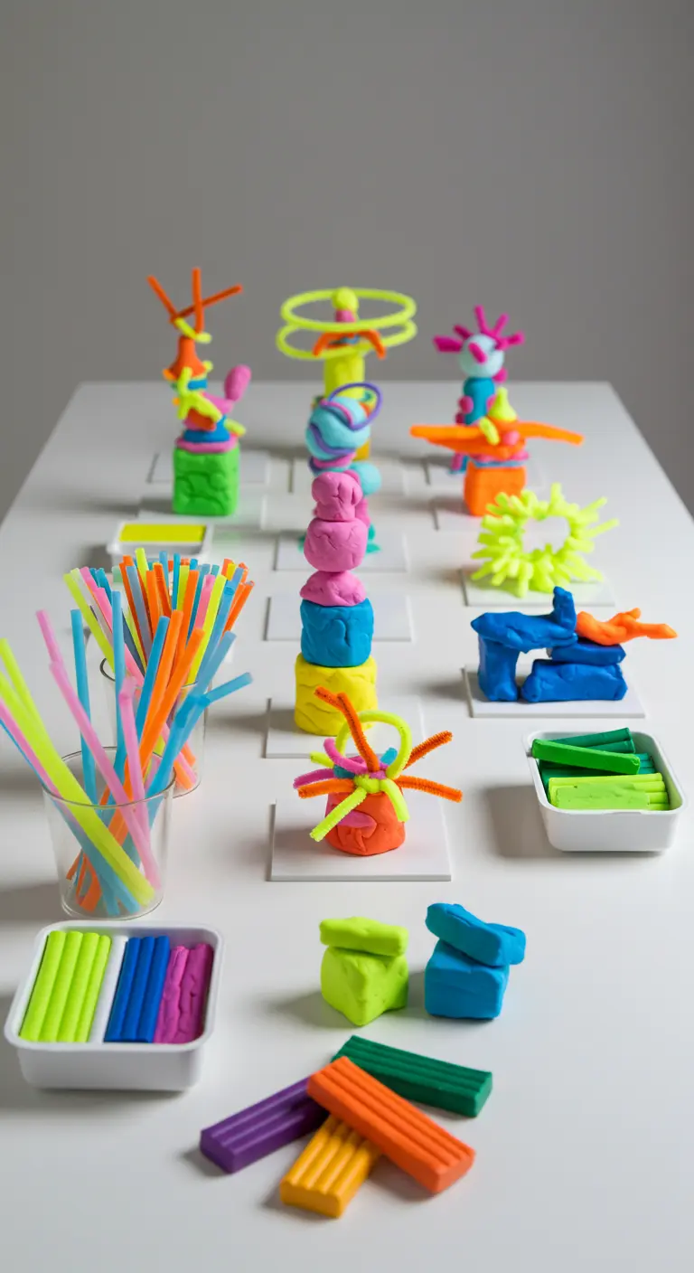 Ein sauberer Tisch mit neonfarbener Knete und Pfeifenreinigern für abstrakte Skulpturen.