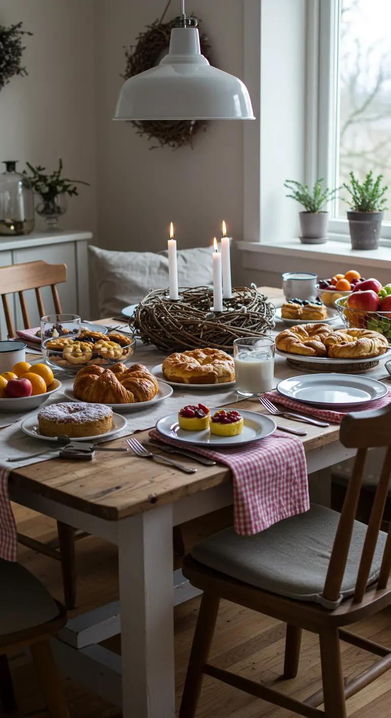 Gemütlicher Frühstückstisch mit Adventskranz aus Zweigen und Gebäck.