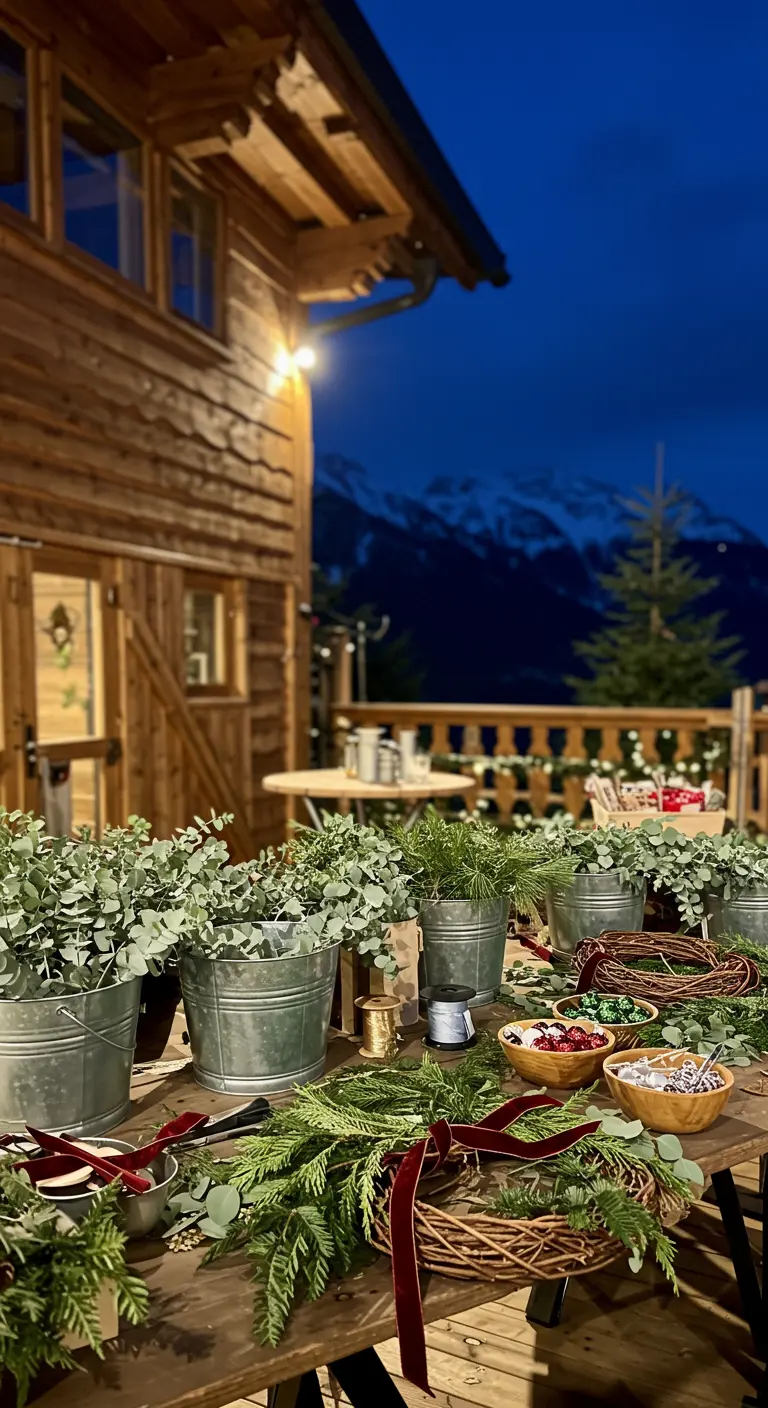 Ein Tisch im Freien, vorbereitet für das Binden von Adventskränzen mit Grün und Dekomaterial.