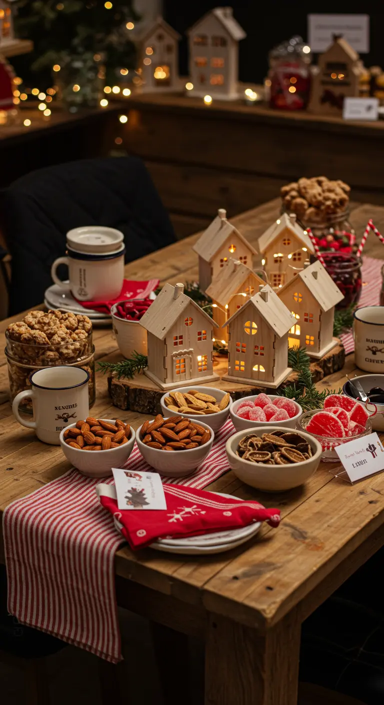 Tischdeko im Weihnachtsmarkt-Stil mit leuchtenden Holzhäusern und Snacks.