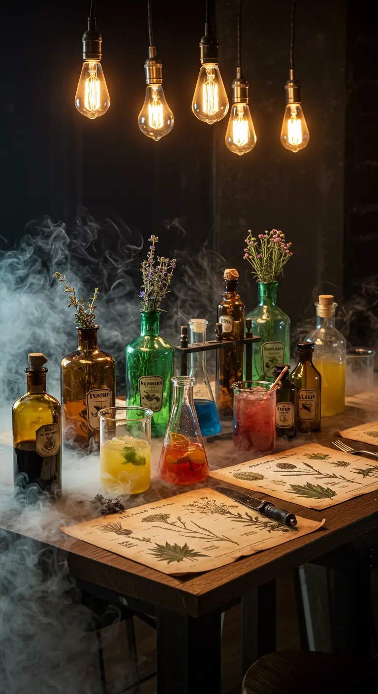 Tisch mit Apothekerflaschen als Cocktailbehälter, Kräutern und botanischen Zeichnungen als Tischsets.