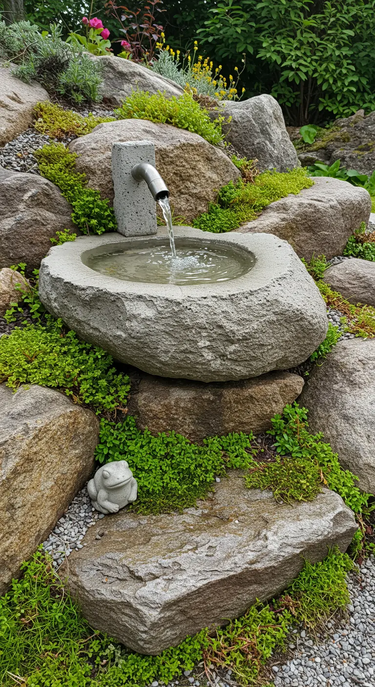 Ein steinernes Wasserbecken in einem Steingarten, aus dem Wasser fließt. Ein kleiner Frosch sitzt daneben.