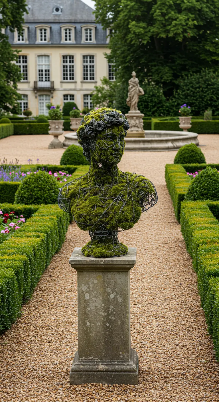 Klassische Büste aus Draht und Moos auf einem Steinsockel in einem formalen Garten.