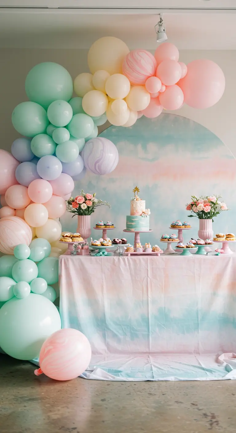 Pastell-Ballonbogen um einen Desserttisch mit Aquarell-Hintergrund und passendem Tischtuch.