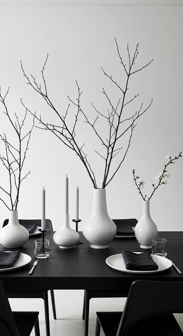 Minimalistisch gedeckter schwarzer Tisch mit weißen Vasen, in denen kahle schwarze Äste stecken