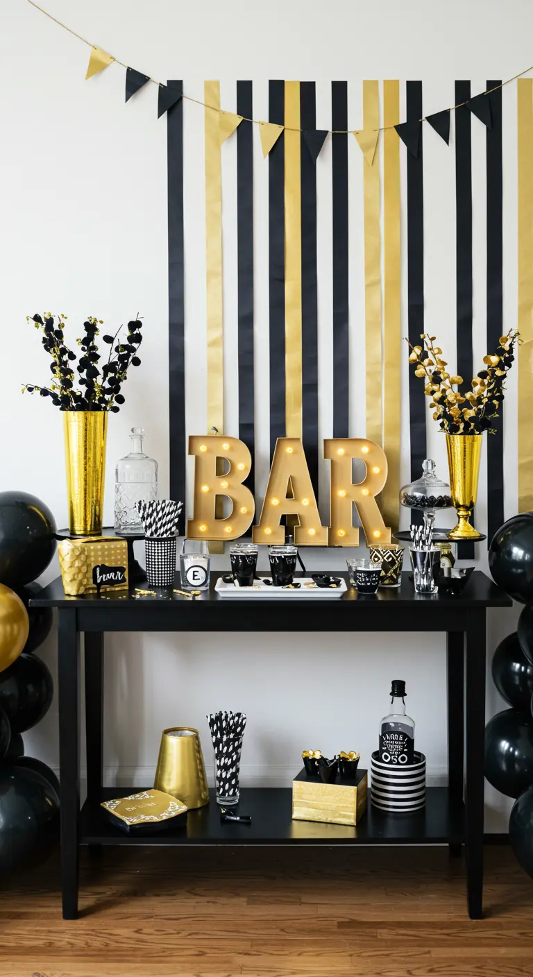 Schwarzer Bartisch mit „BAR“-Leuchtbuchstaben vor einem Hintergrund aus schwarzen und goldenen Streifen.