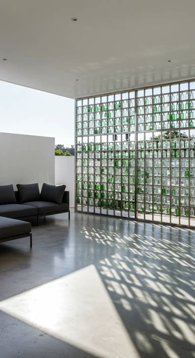 Moderne, minimalistische Terrasse mit einer hohen Trennwand aus Glasflaschen in einem Metallraster.