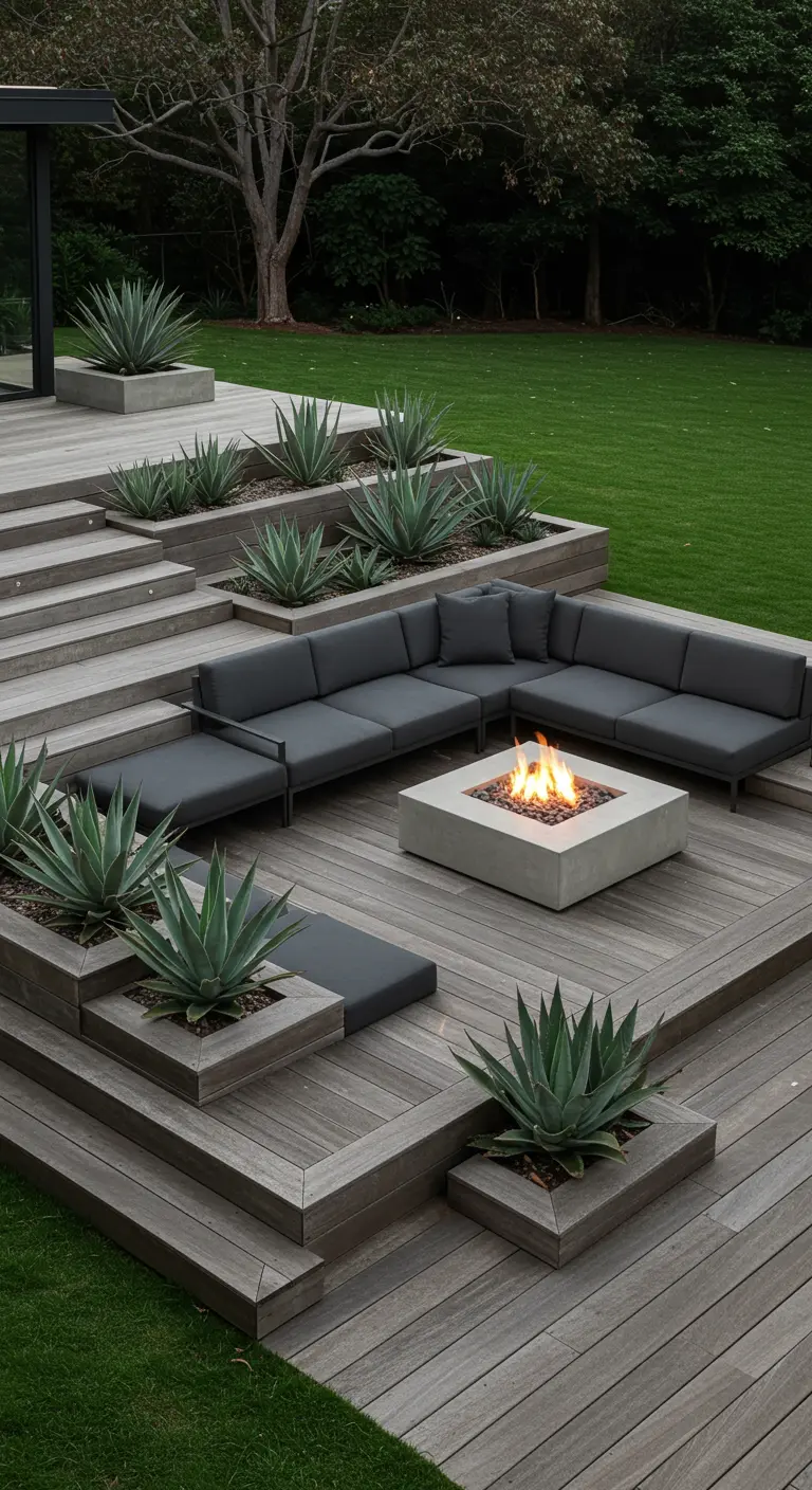 Moderne Holzterrasse mit integrierten Stufenbeeten, bepflanzt mit Agaven.