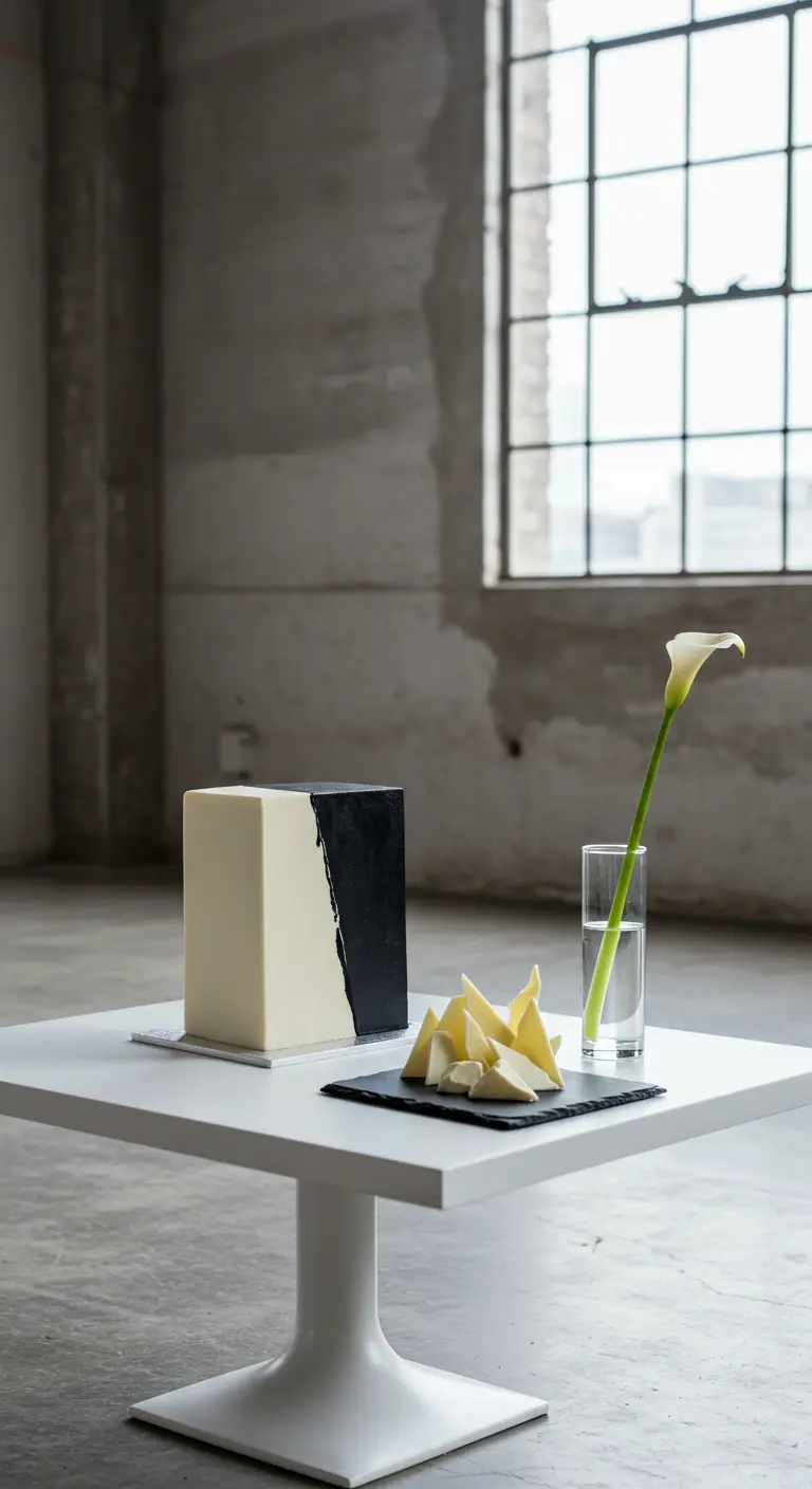 Moderne, kubische Torte in Schwarz-Weiß neben einer einzelnen Calla-Lilie.