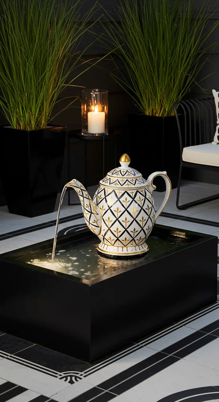 Elegante Teekanne mit Goldmuster in einem schwarzen Becken auf einer stilvollen Terrasse.