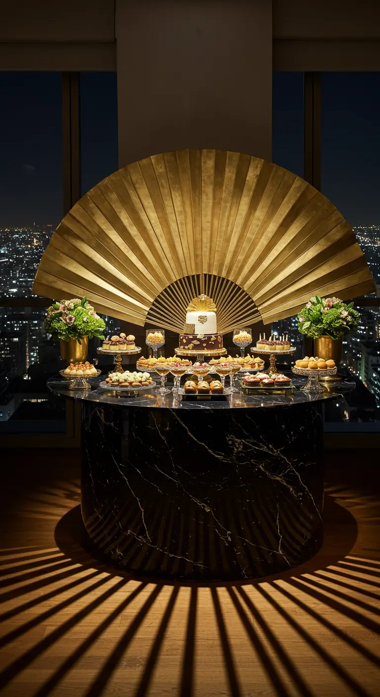 Runder Desserttisch aus schwarzem Marmor vor einem riesigen goldenen Fächer-Backdrop