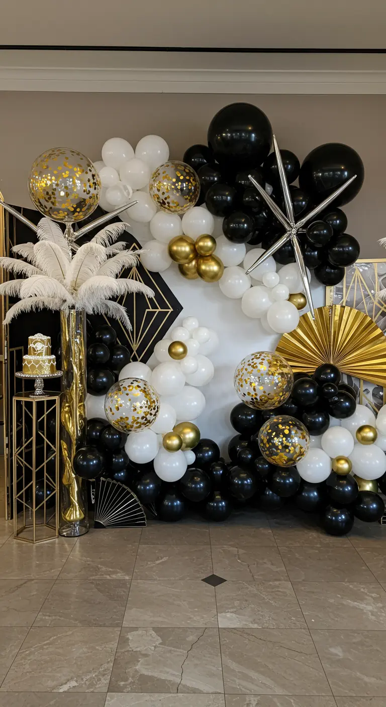 Opulente Art-déco-Ballonwand in Schwarz, Weiß und Gold mit Federbüscheln