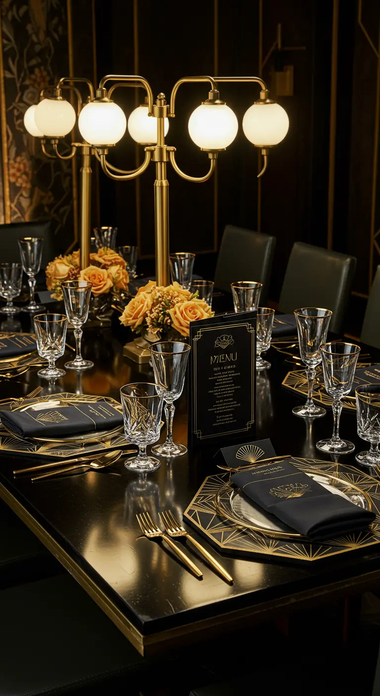 Gedeckter Tisch im Art-déco-Stil mit goldenen Details und geometrischen Tischsets.