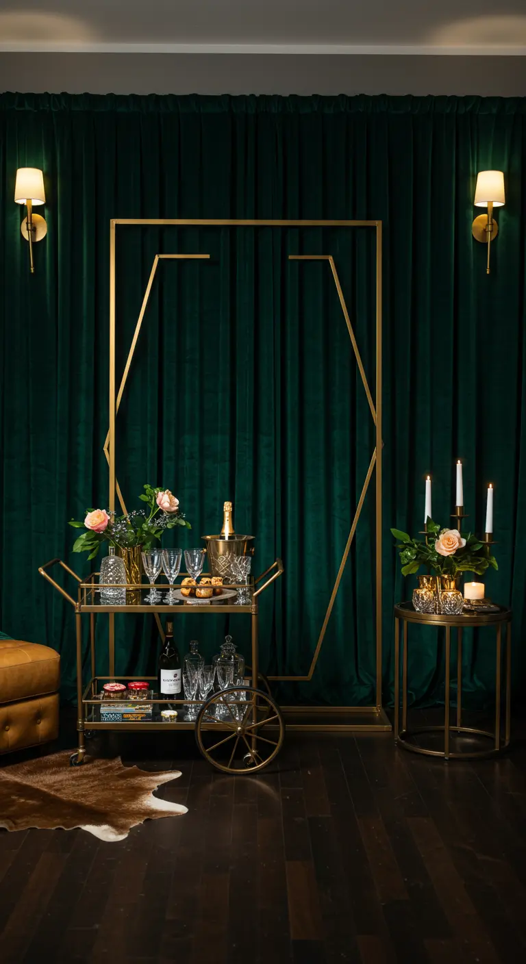 Dunkelgrüner Samtvorhang als Backdrop für einen goldenen Barwagen im Art-déco-Stil.