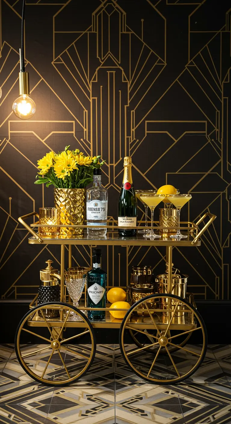 Goldener Art-déco-Barwagen mit Champagner und gelben Blumen vor einer schwarz-goldenen Mustertapete