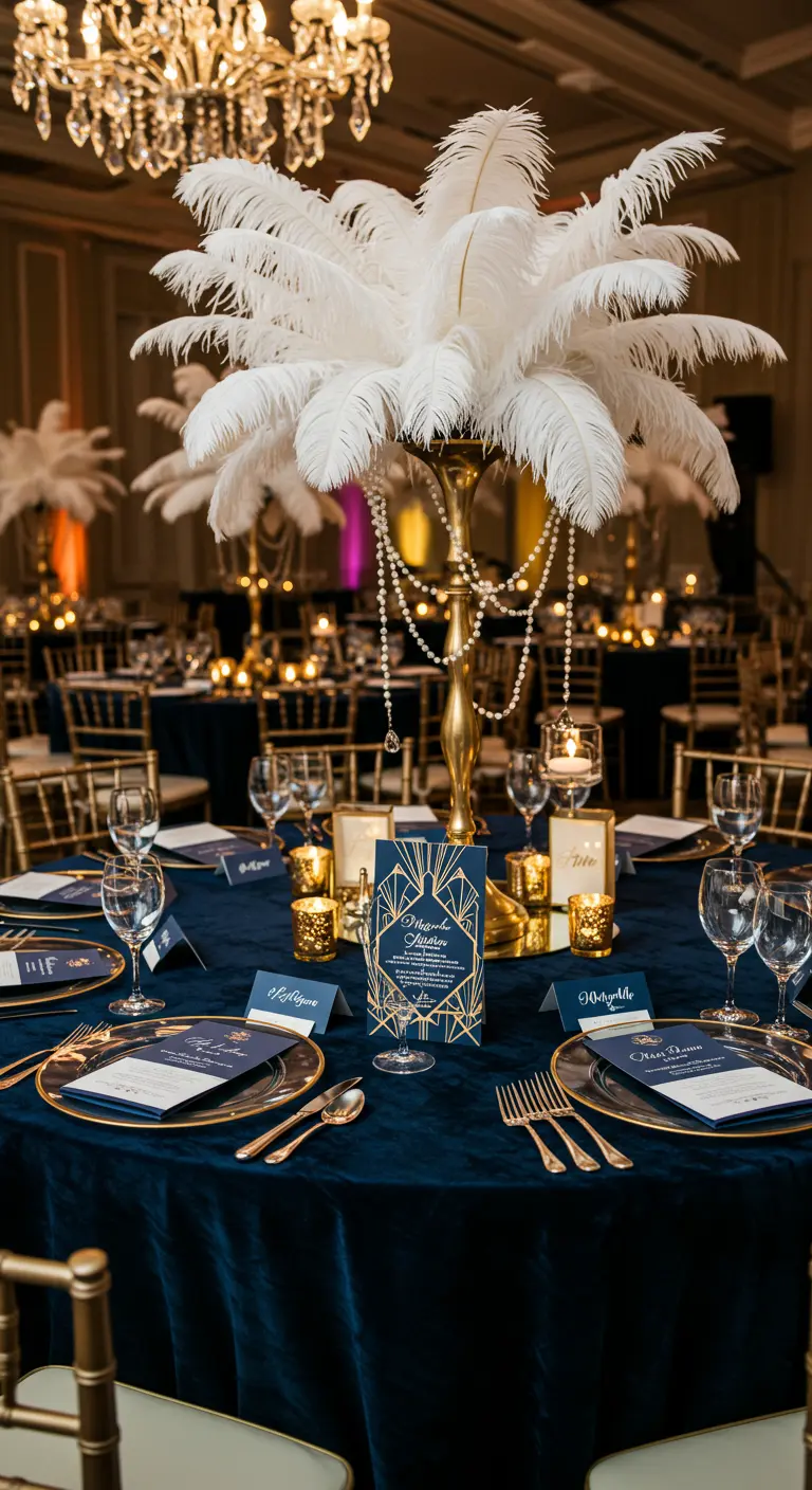 Art-déco-Menükarte in Blau und Gold, umgeben von Federn und goldenem Besteck auf einem runden Tisch.