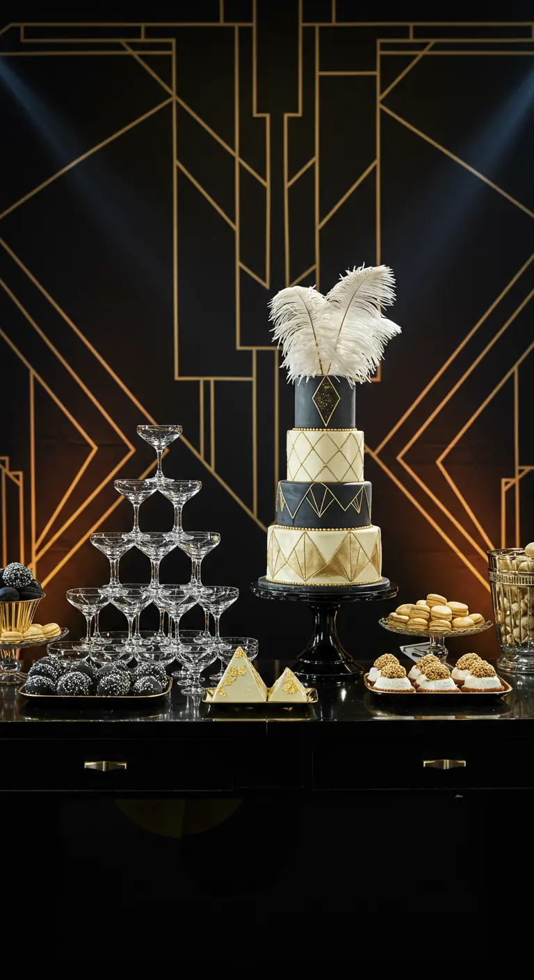 Art-déco-Torten-Tableau in Schwarz-Gold vor einer geometrischen Wand.