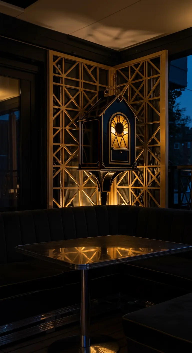 Elegantes schwarzes Vogelhaus im Art-Déco-Stil mit goldenen Details und beleuchtetem Fenster.